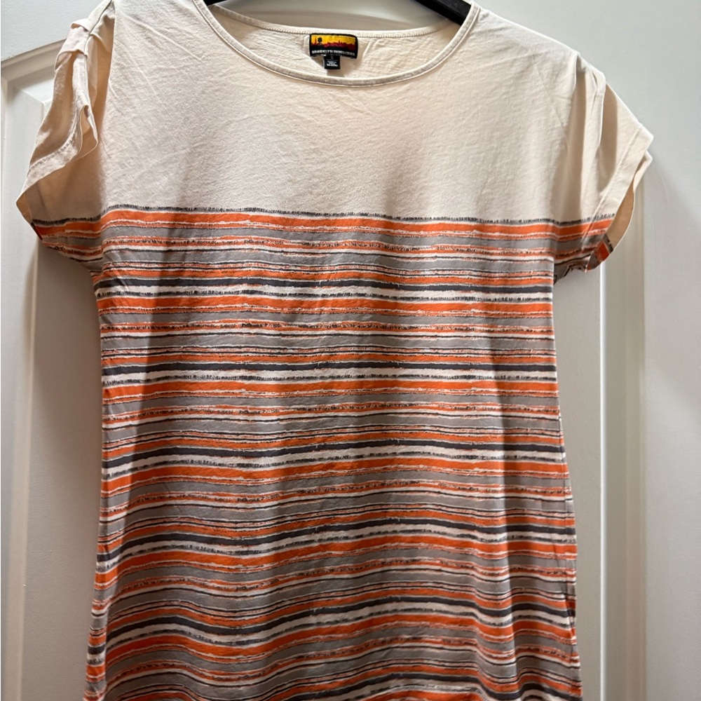 Brooklyn Industries Cream Tee with Orange & Gray Stripes